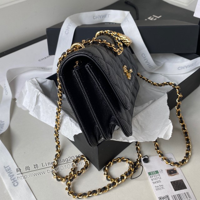 Chanel專櫃新款23s風琴黑金牛皮woc鏈條女包 AP3318 香奈兒經典黑金荔枝皮包包掛飾手袋 djc5208